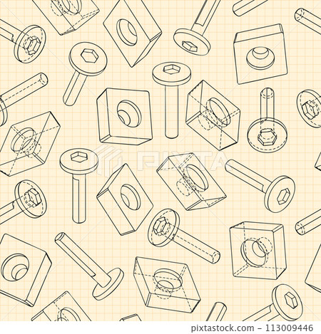 Mechanical engineering drawings on blue background. Cutter, assembly tool with replaceable multi-faceted plate. Technical Design. Cover. Blueprint. Vector illustration. 113009446