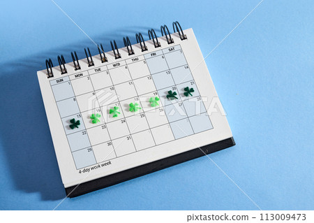 Concept of four-day work week. Printed calendar for a 4 day working week 113009473