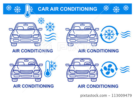 Car automobile air conditioning, automobile climate control system, auto transport cooling conditioner equipment line icon set. Cold or temperature regulation. Snowflake sign. Vehicle cooler. Vector 113009479