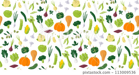 Vector flat veggie horizontal pattern print design Vector flat veggie horizontal pattern print design 113009536