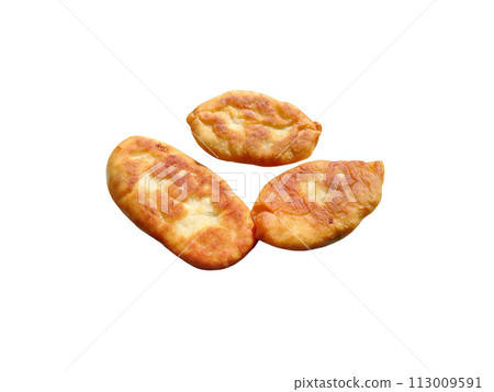 Fried delicious pies with potatoes and meat on a white background Fried delicious pies with potatoes and meat on a white background 113009591