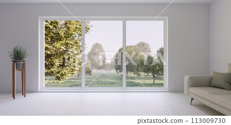 Modern living room with couch and large window 3d render illustration Modern living room with couch and large window 3d render illustration 113009730