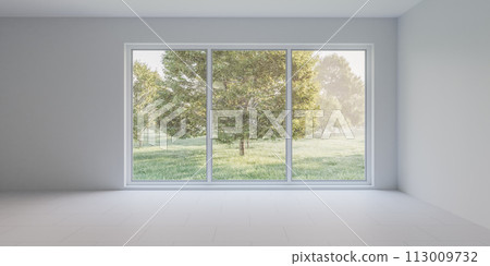 Empty room with large window overlooking field 3d render illustration Empty room with large window overlooking field 3d render illustration 113009732