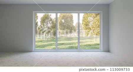 Empty room with large window overlooking field 3d render illustration Empty room with large window overlooking field 3d render illustration 113009733