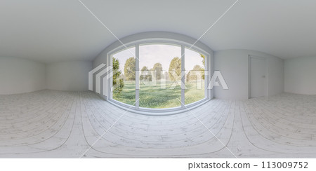 Spacious circular room with large porthole window overlooking a green landscape 360 panorama vr environment map Spacious circular room with large porthole window overlooking a green landscape 360 panorama vr environment map 113009752