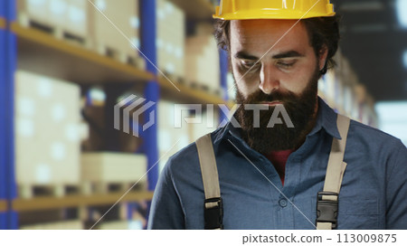 Export manager counts merchandise stock pallets in warehouse, working on storing physical inventory for sale or distribution. Storehouse depot worker checks labels on packages. Export manager counts merchandise stock pallets in warehouse, working on storing physical inventory for sale or distribution. Storehouse depot worker checks labels on packages. 113009875