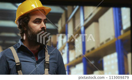 Packaging engineer examines merchandise stock in industrial depot, working on distribution of products and materials manufactured by factory activities. Advisor doing quality control on packs. Packaging engineer examines merchandise stock in industrial depot, working on distribution of products and materials manufactured by factory activities. Advisor doing quality control on packs. 113009879