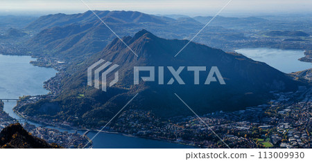Mountain landscape, picturesque mountain lake in the summer morning, large panorama Mountain landscape, picturesque mountain lake in the summer morning, large panorama 113009930