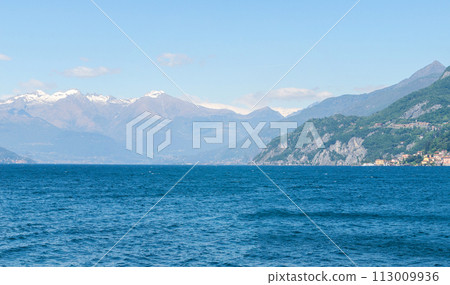 Mountain landscape, picturesque mountain lake in the summer morning, large panorama. Como, Italy Mountain landscape, picturesque mountain lake in the summer morning, large panorama. Como, Italy 113009936