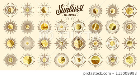 Vintage sunburst, sunset beams. Gold foil, shiny handmade circles. Golden glittering texture, pattern. Hand drawn bursting sun, light rays. Logotype or lettering, retro style. Vector illustration 113009998