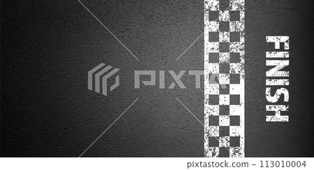 Asphalt road with white finish line marking, concrete highway surface, texture. Street traffic lane, road dividing strip. Pattern with grainy structure, grunge stone background. Vector illustration 113010004