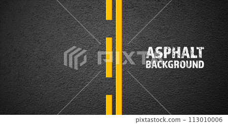 Asphalt road with yellow lane marking, concrete highway surface, texture. Street traffic line, road dividing strip. Pattern with grainy structure, grunge stone background. Vector illustration Asphalt road with yellow lane marking, concrete highway surface, texture. Street traffic line, road dividing strip. Pattern with grainy structure, grunge stone background. Vector illustration 113010006