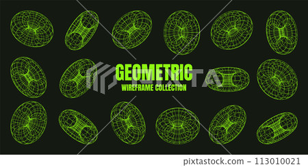 Wireframe shapes, lined torus. Perspective mesh, 3d grid. Low poly geometric elements. Retro futuristic design elements, y2k, vaporwave and synthwave style. Vector illustration 113010021