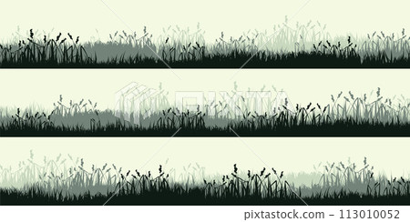 Meadow silhouettes with grass, plants on plain. Panoramic summer lawn landscape with herbs, various weeds. Herbal border, frame. Nature background. Green horizontal banner. Vector illustration Meadow silhouettes with grass, plants on plain. Panoramic summer lawn landscape with herbs, various weeds. Herbal border, frame. Nature background. Green horizontal banner. Vector illustration 113010052