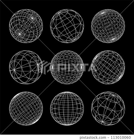 Wireframe shapes, lined sphere. Perspective mesh, 3d grid. Low poly geometric elements. Retro futuristic design elements, y2k, vaporwave and synthwave style. Vector illustration Wireframe shapes, lined sphere. Perspective mesh, 3d grid. Low poly geometric elements. Retro futuristic design elements, y2k, vaporwave and synthwave style. Vector illustration 113010060