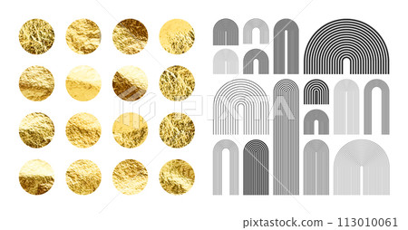Mid century arch elements, modern geometric shapes. Gold foil, shiny handmade circles. Golden glittering texture, pattern. Contemporary design, minimalist art. Trendy design. Vector illustration 113010061