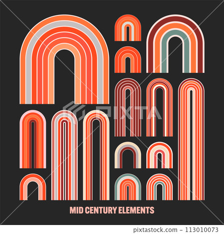 Mid century arch elements, modern geometric shapes, rainbow. Contemporary design, minimalist art. Trendy design elements for wall decor, posters, books, covers and flyers. Vector illustration Mid century arch elements, modern geometric shapes, rainbow. Contemporary design, minimalist art. Trendy design elements for wall decor, posters, books, covers and flyers. Vector illustration 113010073