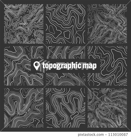 Topographic map with contour lines. Geographic terrain grid, relief height elevation. Ground path pattern. Travel and navigation, cartography design element. Vector illustration 113010087