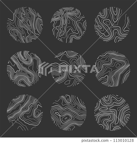 Topographic map with contour lines. Geographic terrain grid, relief height elevation. Ground path pattern. Travel and navigation, cartography design element. Vector illustration 113010128