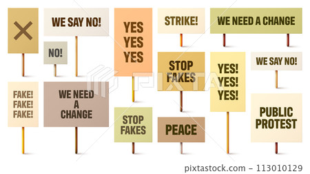 Colorful protest signs with slogan on wooden holder. Realistic vector demonstration banner. Strike action cardboard placard mockup Colorful protest signs with slogan on wooden holder. Realistic vector demonstration banner. Strike action cardboard placard mockup 113010129