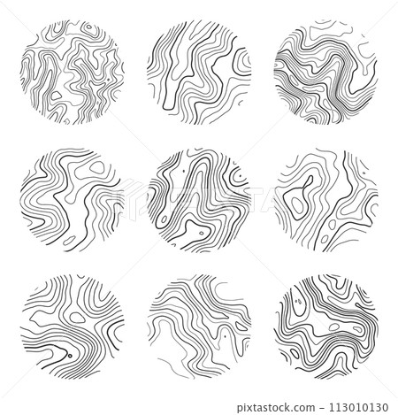 Topographic map with contour lines. Geographic terrain grid, relief height elevation. Ground path pattern. Travel and navigation, cartography design element. Vector illustration Topographic map with contour lines. Geographic terrain grid, relief height elevation. Ground path pattern. Travel and navigation, cartography design element. Vector illustration 113010130