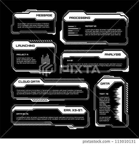 White futuristic HUD, UI elements. Sci-fi user interface text boxes, callouts. Warning message frames, information boxes template. Modern game interface layout in digital style. Vector illustration 113010131