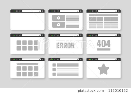 Web browser window, pages layout with toolbar and search field. Modern website, internet page in flat style. Browser mockup for computer, tablet and smartphone. Adaptive UI. Vector illustration 113010132