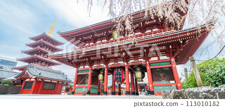 「東京」春天的淺草寺寶藏門與五層寶塔風景 113010182
