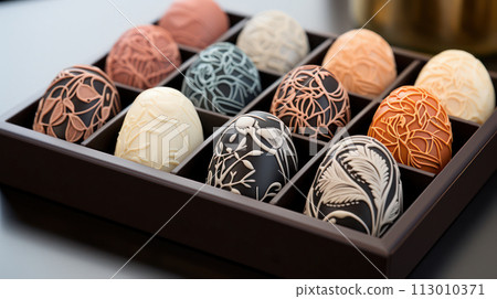 Exquisite chocolate eggs with delicate icing patterns. AI generation Exquisite chocolate eggs with delicate icing patterns. AI generation 113010371