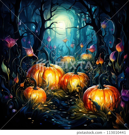 Enigmatic pumpkins under a moonlit spell in a mystical forest. AI generation 113010441