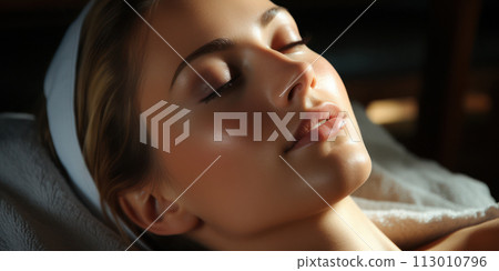 A woman enjoys a serene moment during a relaxing spa facial. AI generation 113010796