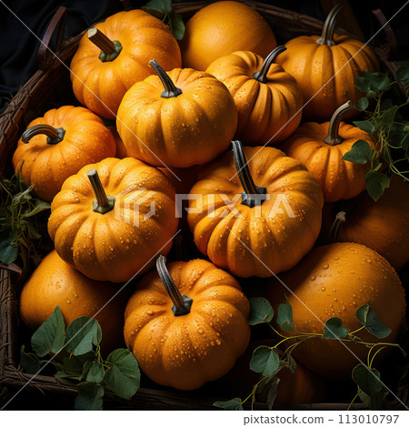 Basket filled with dewy pumpkins. AI generation 113010797