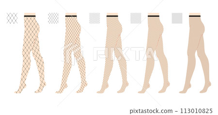 Set of Fishnet Tights Pantyhose on legs, different mesh sizes with pattern. Fashion accessory clothing technical 113010825