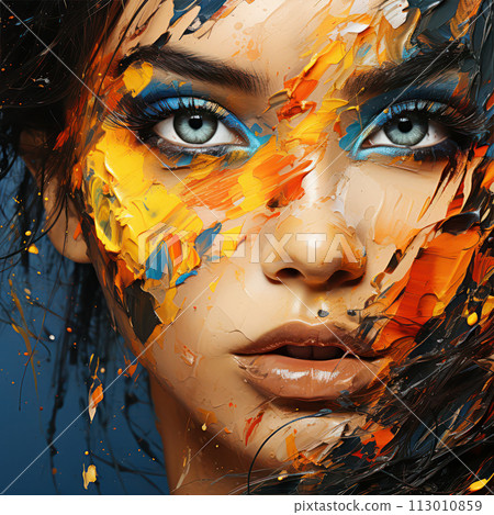 Abstract portrait of a woman with a colorful facade. AI generation 113010859