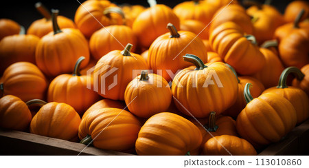 A crate full of vibrant orange pumpkins. AI generation 113010860