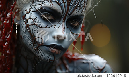 Close-up of a woman with tribal makeup and beads. AI generation 113010948