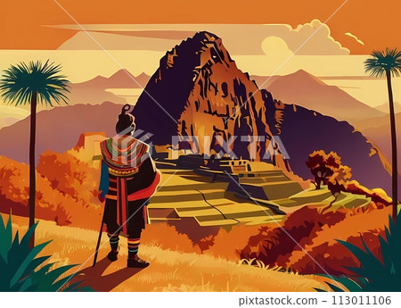 Retro pop illustration of a king in national costume overlooking the world heritage site Machu Picchu Retro pop illustration of a king in national costume overlooking the world heritage site Machu Picchu 113011106