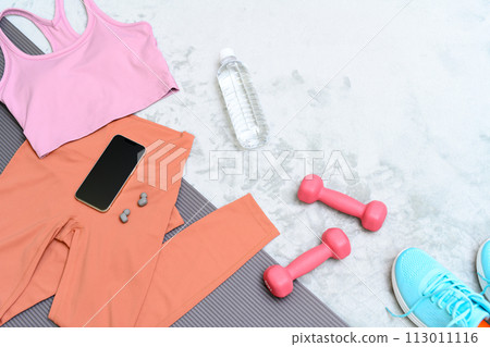 Item set for muscle training girls who are starting to exercise are lined up on a rug on the floor Women's wear Background material Background Item set for muscle training girls who are starting to exercise are lined up on a rug on the floor Women's wear Background material Background 113011116