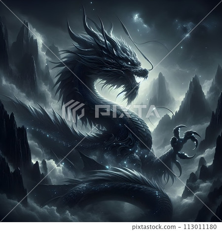 A huge Asian dragon emerged from the depths of a mysterious mist-shrouded mountain. 113011180