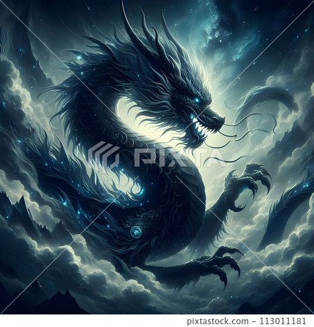 A huge Asian dragon emerged from the depths of a mysterious mist-shrouded mountain. 113011181