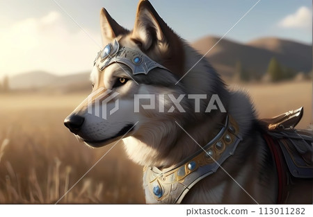 Wolfdog dog with armor armor in fantasy world 113011282