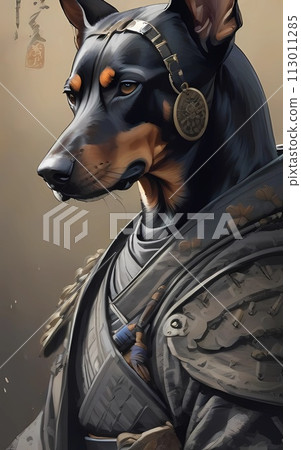 Doberman dog with armor armor in fantasy world 113011285