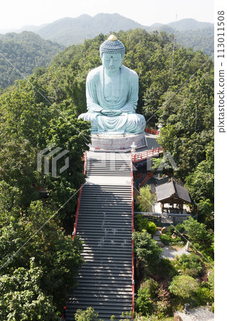 Outdoor great Buddha Daibutsu or Amitabhe Buddha at Wat Pra That Doi Pra Chan. It is a green rust Buddha statue made from a mixture of copper that was used to create it. 113011508