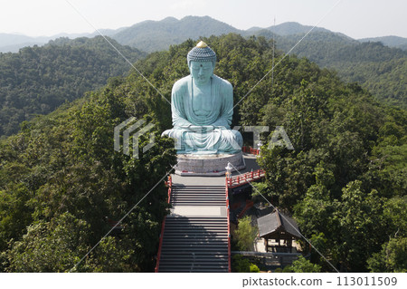 Outdoor great Buddha Daibutsu or Amitabhe Buddha at Wat Pra That Doi Pra Chan. It is a green rust Buddha statue made from a mixture of copper that was used to create it. 113011509