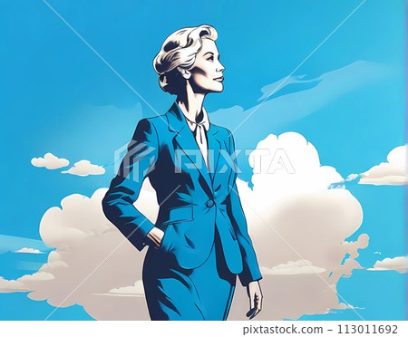 Upper body of model woman posing in natural scenery retro poster style blue sky 113011692