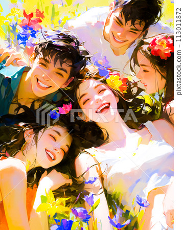 A close group of young men and women relaxing in a spring field 113011872