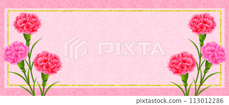 Gorgeous frame background of carnations, gold leaf and lace pattern, Mother's Day, horizontal 113012286