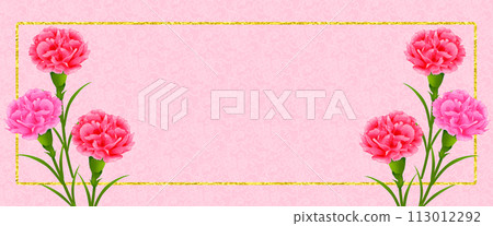 Gorgeous frame background of carnations, gold leaf and lace pattern, Mother's Day, horizontal 113012292
