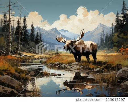 Digital painting of a bull elk standing by a mountain river. 113012297