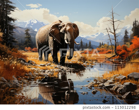 Elephants in the highlands of Canada. Digital painting. Elephants in the highlands of Canada. Digital painting. 113012298